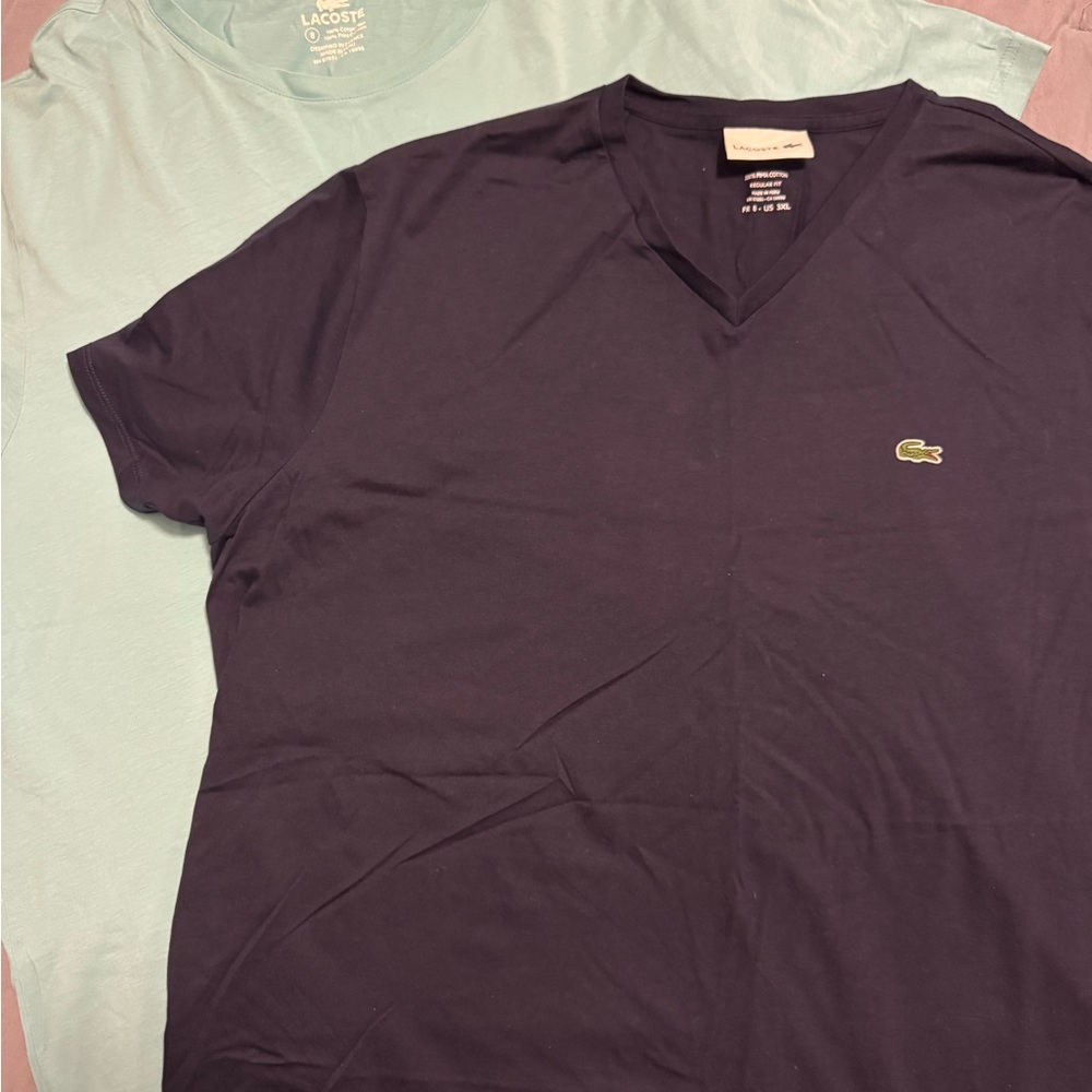 Lacoste Men's Black V-Neck Tee with Green Crocodile Logo